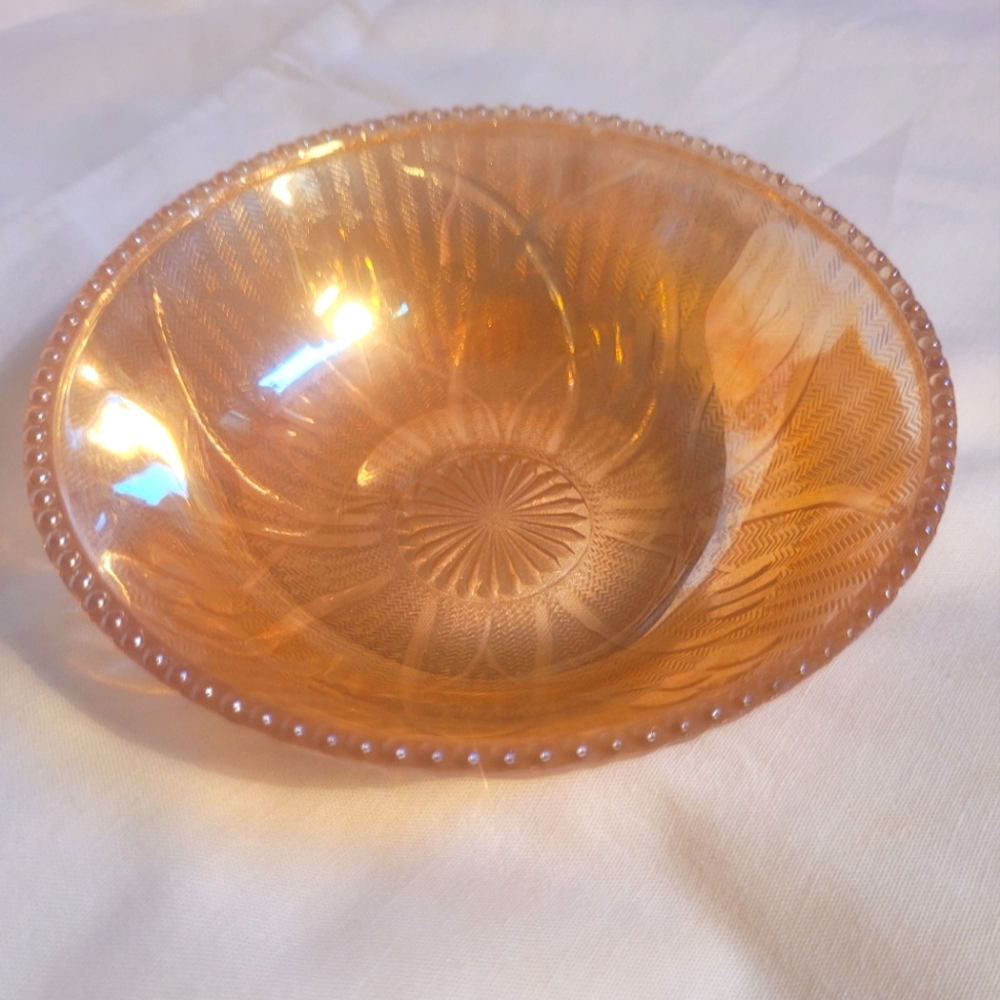4/$26 Jeanette Glass Iris, Herringbone Pattern Dessert Bowl Marigold Iridescent